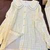 Estilo Nuevo Primavera y Otoño Conjunto de Dos Piezas de Pijama de Cuadros Amarillos para Niñas Cárdigan Cuello de Muñeca Doble Longitud Ropa de Casa Suelta Casual