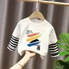 Camiseta de Manga Comprida Infantil para Meninos, Camiseta Básica de Outono, Conjunto Listrado de Duas Peças para Bebês para Primavera e Outono, Roupa de Algodão Puro para Meninos para Outono