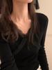 Camiseta Básica de Encaje con Cuello en V Blanca para Mujer en Otoño e Invierno, Suéter de Punto Fino de Lana Ajustado Cruzado