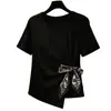 Camiseta de verano talla grande para mujeres de talla grande, con corbata de bufanda de seda que cubre el abdomen, diseño irregular, entallada a la cintura, adelgazante, hombro normal, top de manga corta