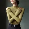 Blusa interna feminina elegante, de manga longa, cor sólida, com gola semi-alta e acabamento franzido, slim fit, para o início do outono, amigável à pele.
