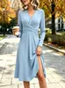 2026 Estilo Nuevo Transfronterizo Europeo y Americano Color Sólido Cuello en V Cintura Pliegues Cruzados Manga Larga Longitud Midi Vestido Largo Vestido Ropa para Mujer