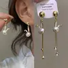 Pendientes de Conejo de Perla Lindos Estilo Japonés Femenino Elegantes Clavos de Corazón Nuevos de Moda Aguja de Plata S925 Cuidado del Agujero de la Oreja