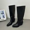 Botas pretas longas para mulheres, novas botas de salto alto versáteis para o verão de 2026, botas de montaria altas afinadoras com salto grosso acima do joelho
