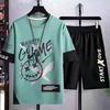 Traje Deportivo Casual de Seda de Hielo para Hombre Verano Delgado Holgado Tallas Grandes Camiseta de Manga Corta con Estampado Distintivo Conjunto Corto Moderno