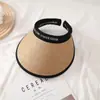 Chapéu de Palha com Top Aberto para Mulheres, Proteção Solar ao Ar Livre no Verão, Chapéu de Sol de Borracha Preto, Proteção UV, Aba Larga, Chapéu de Sol com Faixa