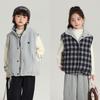 Chaleco Reversible Pudding Haru para Niños Estilo Nuevo Invierno 2025 Niñas Patrón de Cuadros Chaleco Cardigan Exterior con Cuello Alto