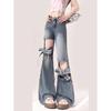 Pantalones vaqueros ajustados de pierna ancha con agujeros y lazo de cintura alta para mujer, nuevo diseño 2025
