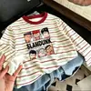 Camiseta de Manga Larga a Rayas de Algodón Puro, Nueva Moda Primavera y Otoño para Niños, Estilosa y de Corte Holgado, Camiseta Básica Versátil para Niños Mayores