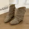 Botas de Cowboy Western Retro para Mujer, Verano y Otoño, Botas de Moda que Aumentan la Altura para Mujeres Bajitas, Botines de Tacón Grueso con Hebilla de Cinturón, Botas Plisadas