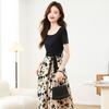 Vestido Patchwork Quadrado Elegante para Mulheres 2025 Verão Novo Estampa Retrô Afina a Cintura Vestido Longo Elegante