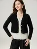 Cardigã de tricô de cashmere em blocos de cor, com design inspirado em duas peças, para mulheres, elegante, com mangas compridas