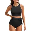 Bikini de dos piezas de color liso a la moda, estilo nuevo de Amazon 2026, traje de baño deportivo sexy de cintura alta europeo y americano para mujer