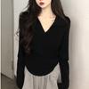 Polo cuello estilo puro deseo camiseta de manga larga para mujer 2024 nuevo primavera y otoño chica caliente nicho sentido del diseño corte ajustado top corto