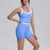 Conjunto de yoga a rayas de colorblock estilo europeo y americano, top sin mangas acanalado deportivo, shorts con espalda bonita, ropa de fitness, conjunto para correr y entrenar para mujer
