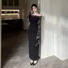 Vestido de Encaje Negro Patchwork de un Hombro Manga Larga Estilo Puro Deseo para Mujer Primavera Otoño Vestido Ceñido a la Cintura Falda Larga que se Ajusta a la Cadera Transfronterizo