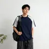 Camiseta Estilo Americano Moderna Color Block de Algodão Puro Manga Curta para Homem, Mangas Raglan, Casual Solto Versátil de Verão