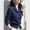 Suéter Grosso Azul Marinho Gola Revers Relaxada Feminino Cintura Ajustada Inverno Novo Estilo Super Bonito Top Tricô Interno