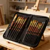 Set de Pinceles para Pintura al Óleo de 15 Piezas Transfronterizo con Bolsa de Lona Negra con Cierre, Raspador, Esponja, Mango de Madera, Pincel de Nylon