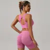 Conjunto de Sutiã Esportivo Sem Costura Novo Estilo Europeu e Americano para Mulheres, Top Fitness à Prova de Impacto para Corrida Yoga com Bojo e Conjunto de Shorts