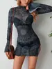 Vestido Sexy de Encaje Retro para Mujer de Primavera y Otoño con Mangas de Campana, Cuello en V Profundo Ligeramente Transparente y Abertura Alta, Único y No Hecho en Masa
