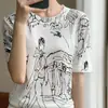 Estilo Nuevo de Verano Pulóver de Lana Fina Cuello Redondo Graffiti Pintura en Spray Estampado Manga Corta Tejido Estilo Coreano Manga Larga Top para Mujer