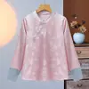 Camisa Exterior de Estilo Chino Nuevo para Mujer Estilo Nacional Ligero Satén Jacquard Top Elegante Retro Solapa Inclinada Botón Otoño Camisa Base