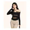 Camiseta Manga Longa com Estampa de Leopardo Selvagem em Blocos, Decote Halter Discreto para Mulheres, Outono 2025, Cadarço, Linda Camiseta Básica