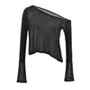 Top de punto asimétrico de manga larga con un hombro, cuello de encaje, estilo chica atrevida para mujer, principios de otoño, corto, translúcido