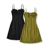1624-26 Verão Estilo Coreano Retrô Vestido de Férias Gola U Amarração Frontal Alça Lisa Cintura Marcada Bodycon Vestido Curto