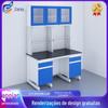 Bancada experimental de aço e madeira feita sob medida Fras, mesa para experimentos de química escolar, quadro de físico-química, mesa central, armário de sinuca, mesa lateral de aço e madeira