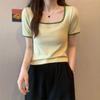Verano Nuevo talla grande Gordita MM2025 Clavícula Ligeramente Gordita Cuello Cuadrado Manga Corta Camiseta Mujer Primavera y Otoño Interior Adelgazante Top