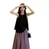 Saia Fluida, Solta e Versátil, Colete Preto sem Mangas, Saia Plissada Feminina de Verão em Linha A, Conjunto de Duas Peças