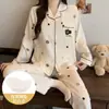 Pijama de dibujos animados estilo japonés para mujer, primavera y otoño, con copas en el pecho, cuadros de algodón nube, manga larga, pantalón largo, conjunto holgado para casa