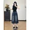 Jeans Cropped Americano Retrô Desgastado de Corte Amplo para Mulheres, Calças Casuais Finas de Verão com Cintura Alta Relaxadas Soda
