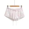 2605-26 Primavera Estilo Coreano Shorts Rosa a Cuadros con Cordones y Bordes Fruncidos, Pantalones Casuales para Mujer, Cintura Alta, Cintura Elástica