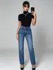 Jeans Rectos de Lavado Básico Elásticos para Mujer, Cubren las Caderas, Adelgazantes, Versátiles, Fábrica Fuente de Ropa para Mujer de Comercio Exterior
