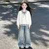 Conjunto de Sudadera Falso de Dos Piezas Estilo Nuevo Primavera y Otoño para Niñas Estilo Coreano Estilo Académico Bordado de Lazo Pantalones de Mezclilla con Estrella Dos Piezas