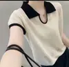 Estilo Coreano Gola Contrastante Temperamento Tricô Feminino Verão Fino Respirável Versátil Manga Curta Camiseta Feminina Top de Verão 11457