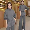 Conjunto Casual Estilo Outono/Primavera para Mulheres, Moletom com Zíper Listrado Patchwork Manga Longa Calça Larga Longa Conjunto de Duas Peças, Atacado Transfronteiriço