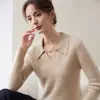 Casual para o Trabalho Gola Polo Suéter de Caxemira Manga Longa Feminino Novo Estilo Quente Macio Moda Malha Novo Estilo Suéter
