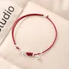 Pulseira de Prata S925 com Laço e Contas Redondas em Fio Vermelho para Mulheres, Design Simples Feito à Mão, Joia Versátil Ajustável por Deslizamento B301