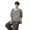 Moletom com Capuz Henley Listrado Color Block Falso Duas Peças Masculino Outono Solto Estilo College Retrô Marca Tendência Camiseta Casual de Manga Longa