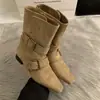 Botas Femininas de Camurça Estilo Francês Coreano Design de Nicho Meio da Panturrilha Retro 2026 Nova Biqueira Quadrada Botas Western de Cano Curto Botas Martin