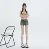 Shorts Jeans Apertados de Cintura Alta com Botão Duplo para Mulheres 2025 Verão Finos de Barra Crua Hot Pants para Mulheres Baixas