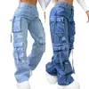 Pantalones Cargo de Mezclilla Rectos Largos con Múltiples Bolsillos para Mujer, Pantalones Casuales Sueltos Modernos y Versátiles