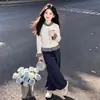 Conjunto de Moda Doce Duas Peças Casual com Calça de Perna Larga e Painel Traseiro Xadrez para Meninas 2026