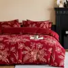 Juego de ropa de cama de cuatro piezas de jacquard de algodón lavado teñido en hilo de algodón de doble capa para celebración de bodas en color rojo, adecuado para regalos de boda