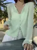 Cardigan de Tricô Limon Limão Chá Verde 10% Mohair para o Dia a Dia de Alta Qualidade Simples Emagrecedor Versátil para Mulheres
