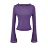 Top de Malha Curto Gola Redonda Manga Sino Estilo Desejo Puro Outono Nova Moda Slim Fit Camiseta Base Curta